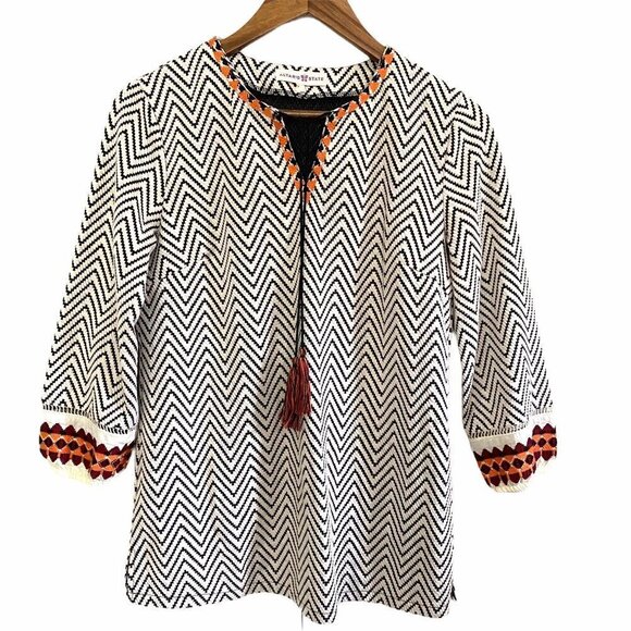 Altar'd State Women's Cream Chevron Embroidered Peasant Bohemian Blouse Small - Picture 2 of 10